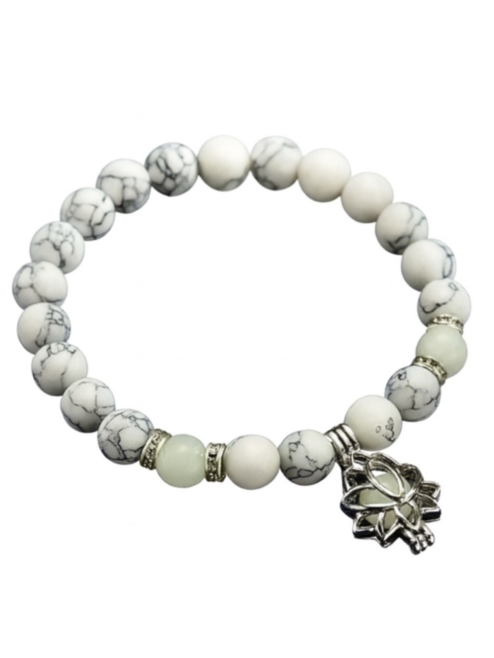 White Howlite Beaded Stretch Bracelet | Glow in Dark Lotus Charm | Yoga Energy